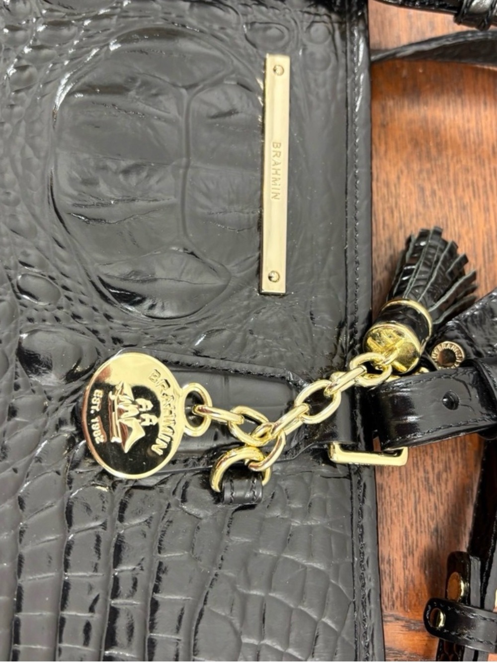 Brahmin Black Croc-Embossed Satchel with Gold Hardware - Picture 2 of 5
